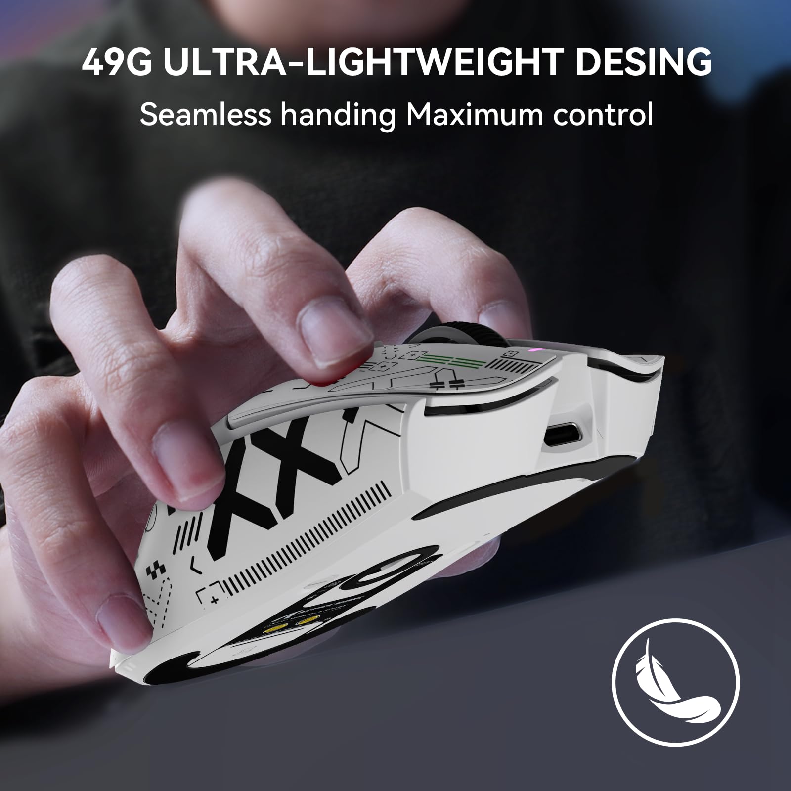 MAMBASNAKE x Attack Shark X1 Souris Gaming Légère avec Station de Charge, 49g Ultra-légère, Mice de Office Filaire/sans Fil BT/2,4G avec Grip Tape, Capteur PixArt PAW3395 Pro 40K PPP, PC/Mac - Blanc