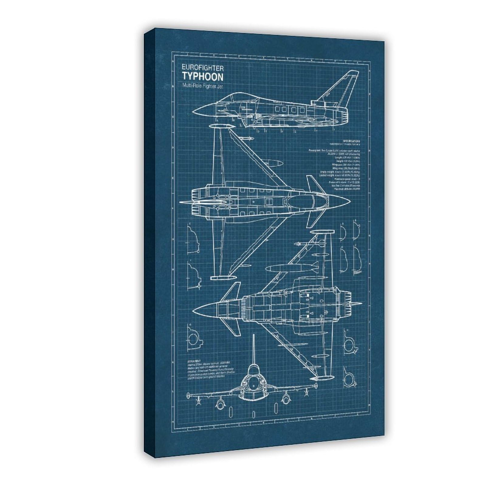 QZFNCOYU Eurofighter Typhoon, Blueprint Poster Canvas Poster Wall Art Decor Print Picture Paintings for Living Room Bedroom Decoration 12x18inch(30x45cm)