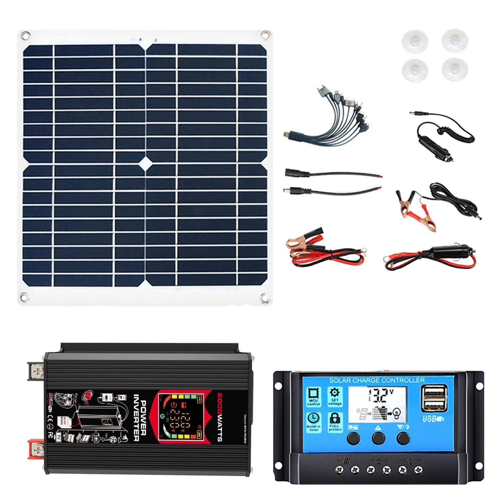 Kit Combiné Onduleur Solaire 6000W, DC 12V vers 110V/220V, Panneau Solaire 50W, Régulateur 50A, Port USB Charge Rapide, Prise AC(Black,12V-110V)
