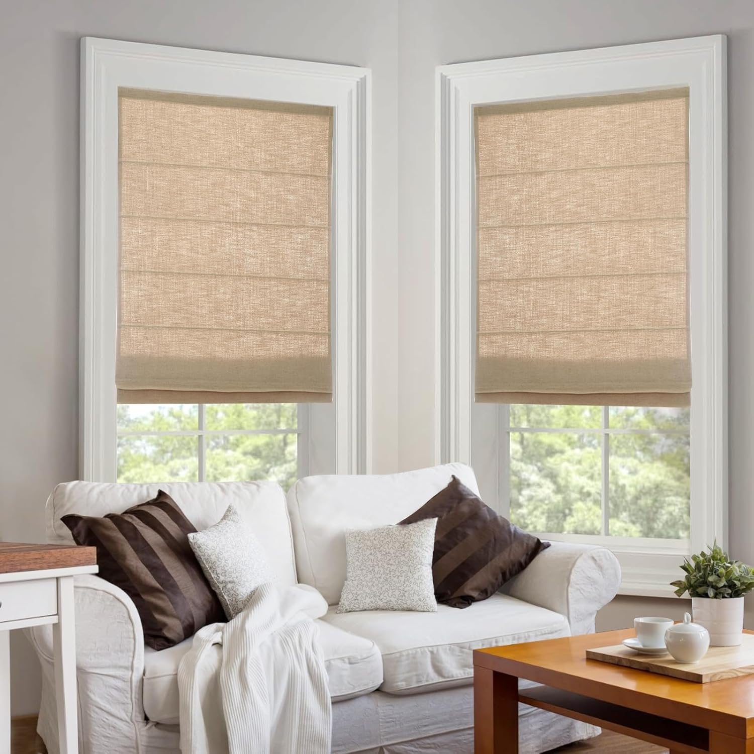 DEJAVU Cordless Linen Roman Shades for Windows, Washable Lined Fabric Roman Window Shades, Custom Blackout Light Filtering Roman Blinds for Doors, Kitchen Windows, Bedroom, Linen Beige