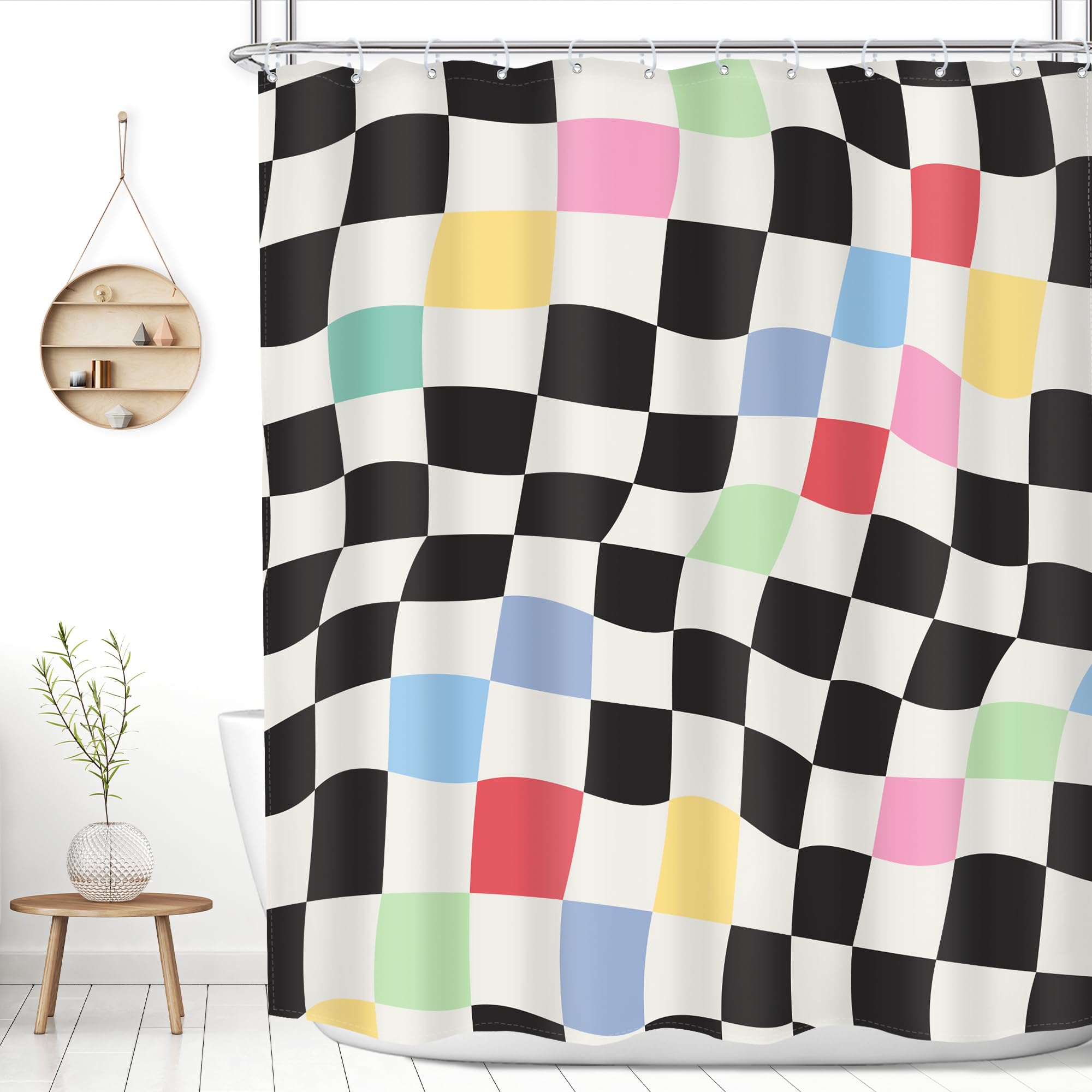 MESHELLY Kids Colorful Checkered Shower Curtain 60Wx72H Abstract Black and White Retro 70s Plaid Modern Groovy Bath Curtain Simple Aesthetic Vintage