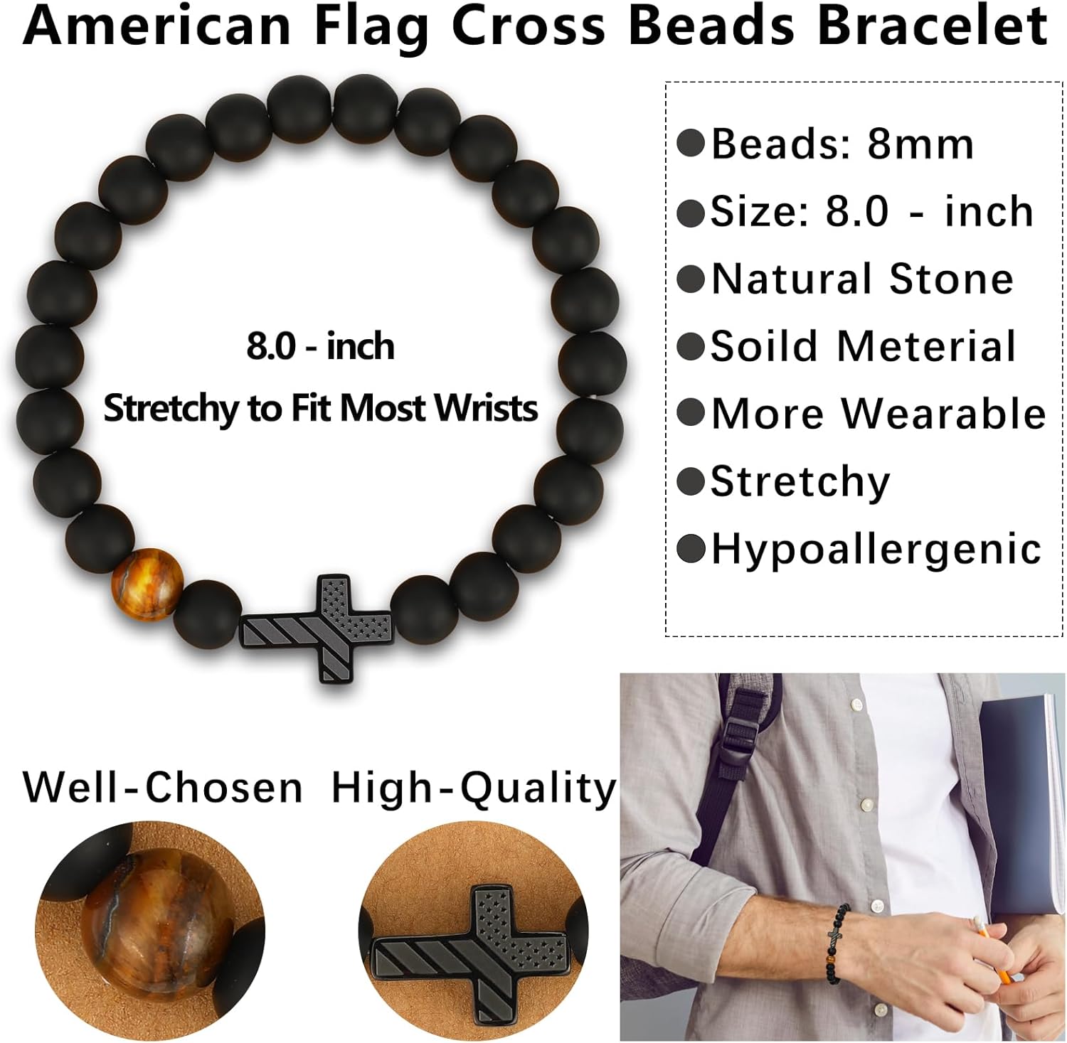 Gifts for Dad New Dad Stepdad Men Husband, American Flag Cross Beads Bracelet Easter Birthday Jewelry Gifts for Him - Image 5