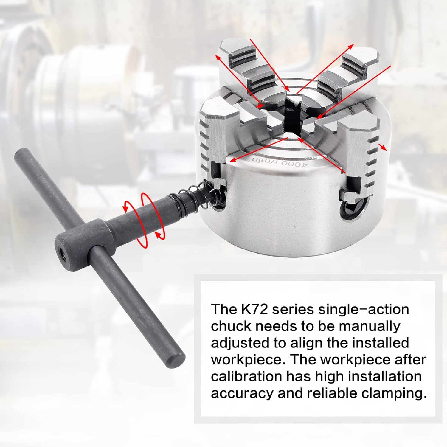 RATTMMOTOR 4-Jaw K72-80mm 3.15 Inch Independent Manual Metal Lathe Chuck Reversible Jaw 4000 r/min with Wrench for CNC Router/Lathes/Turning Machine