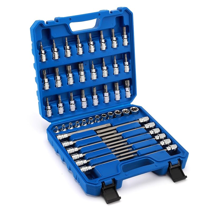 EMENTOL ET610 Jogo de Soquetes com Bits Torx, E-Torx e Torx de Segurança, Encaixe de 9,5 mm (3/8 pol.), Aço Cromo-Vanádio e S2, 48 peças