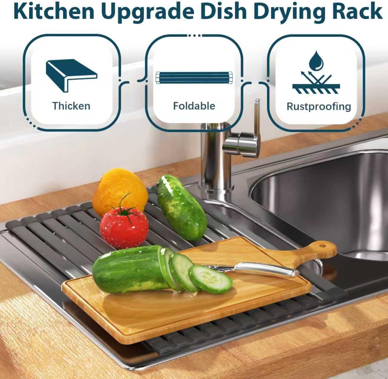 KABUM 17.72x11.81 Heavy-Duty Aluminum Alloy Roll Up Dish Drying Rack, Food-Safe Coating with Anti-Skid Silicone, Extra Wide & Thickened Sink Drying Rack for Kitchen Counter, Space-Saving Organizer