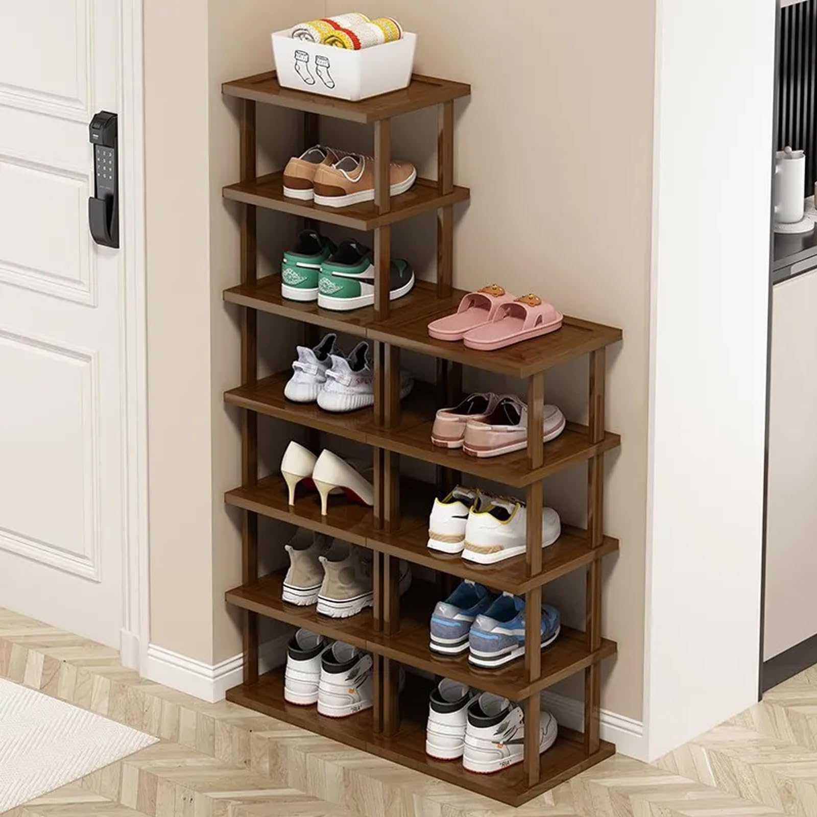 AFOORD Vertical Shoe Rack-Tall Narrow Shoe Rack Organizer for Small Spaces,12Tier Bamboo Shoen Shelf for Entryway,Closet,Corner,Doorway,Skinny Shoe Shelf Space Saving Shoe storage,Free Stackable DIY