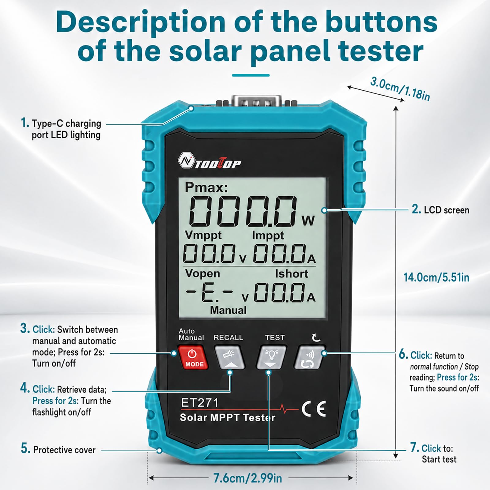 Tester Pannello Solare MPPT 2000W 2026 – Misurazione Auto/Manuale con Display LCD, Analizzatore Fotovoltaico Portatile 150V 40A, Voc Isc Vmp Pmax per Installazione e Manutenzione PV