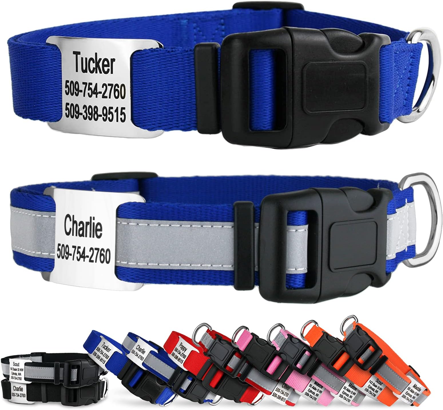 GoTags Reflective Personalized Dog Collar with Nameplate, Adjustable Dog Collar with Custom Engraved Slide On Pet ID Tag in Stainless Steel, Silent, No Noise Dog ID Tag (Blue, Large)