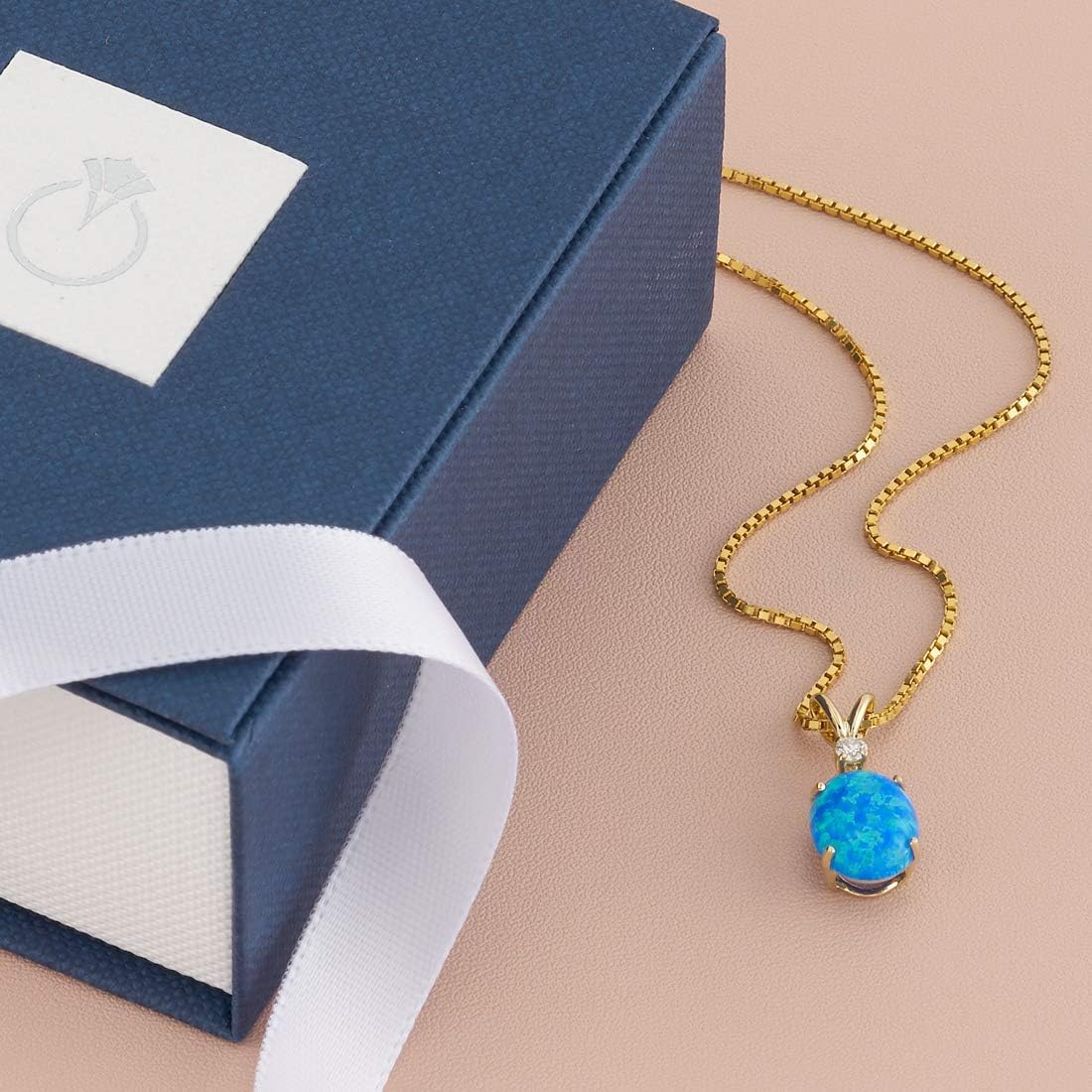 PEORA 14K Yellow Gold Created Blue Opal Pendant and matching Earrings - Oval Shaped Diamond Pendant 1 Carat + Oval Shaped Created Blue Opal Stud Earrings 1 Carat