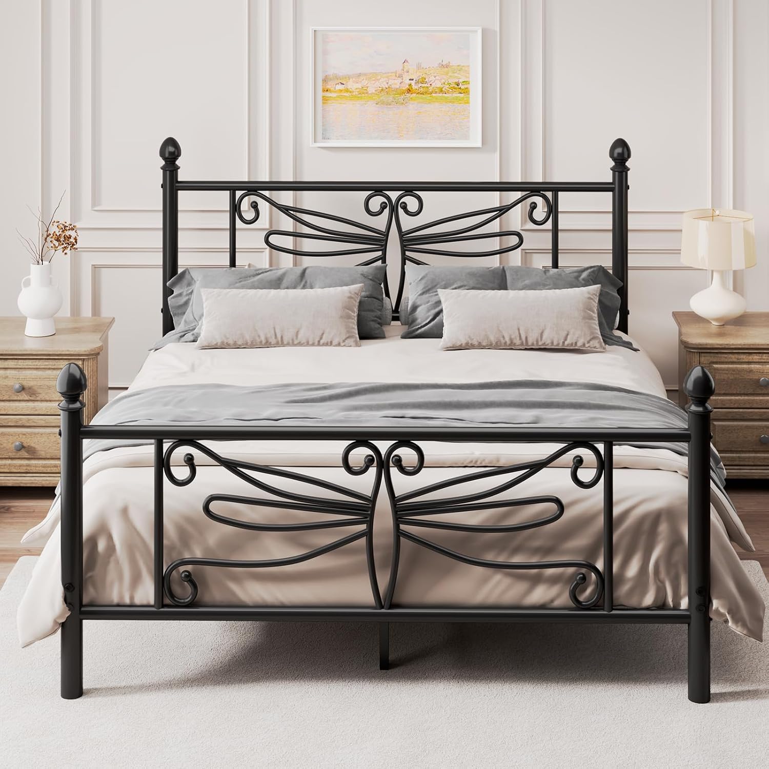 E-Ser Queen Size Bed Frame, Metal Platform Bed Frame with Dragonfly Pattern Headboard and Footboard, Strong Metal Slats Support, No Box Spring Needed, Easy Assembly, Noise-Free, Black