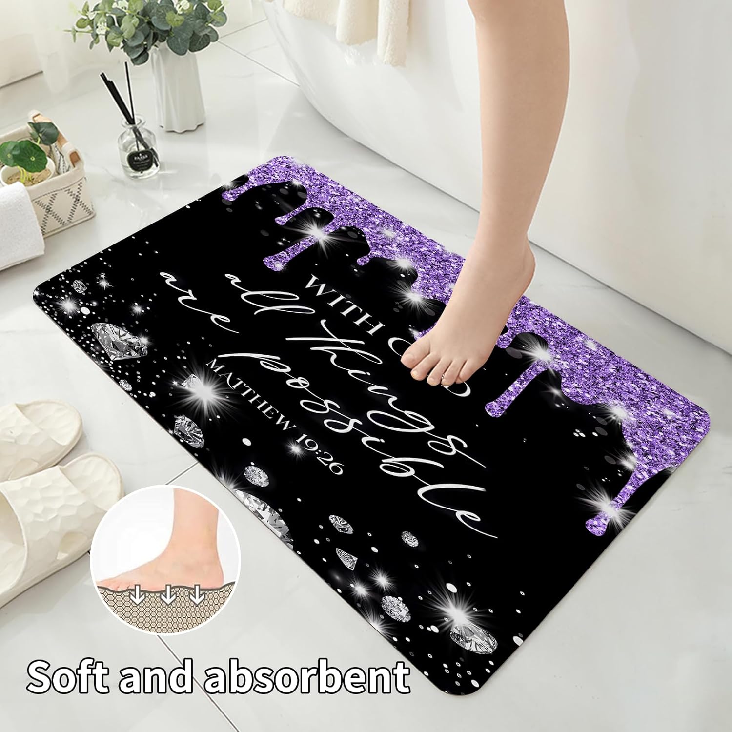 4 Pcs Black Purple Diamonds Shower Curtain Set with Rugs and Toilet Lid Cover, Black White Bible Verse Waterproof Fabric Bathroom Set, Christian Scripture Shower Curtain Bathroom Decor Set Accessories