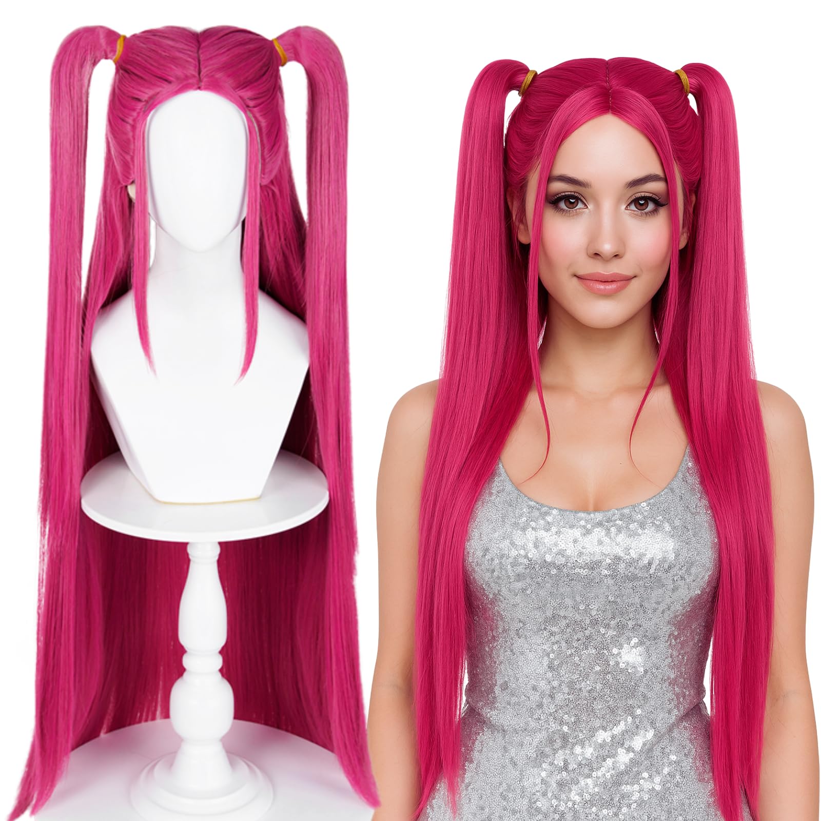 SL Wavy Blonde Ponytail Wig for Jean Cosplay,Golden Princess Hair Wigs with Pigtails Bangs + Wig Cap for Halloween Peach Costume: Magenta