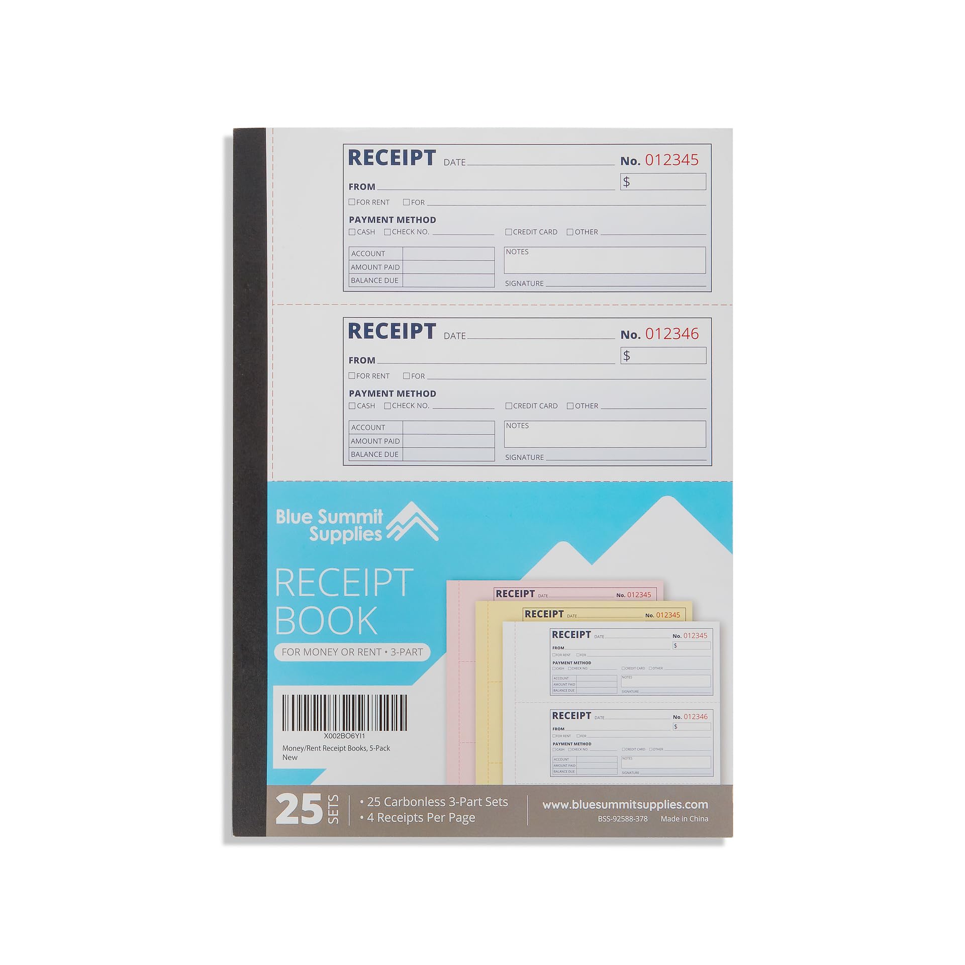 Libro de recibos triplicado 100 por libro, 500 en total, paquete de 5, libros de recibos de pago autocopiativos de 3 partes para dinero, alquiler o efectivo con copias, 11 x 7.5 pulgadas,