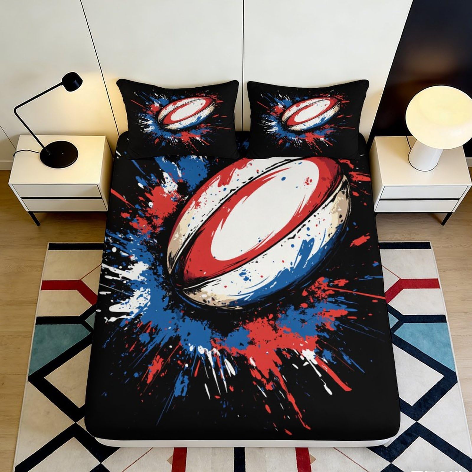 3D Printed Rugby Ball Fitted Sheet Microfiber Soft Splash Art Bed Cover for Bedroom Guest Room Mattress Protection 90x200x25cm