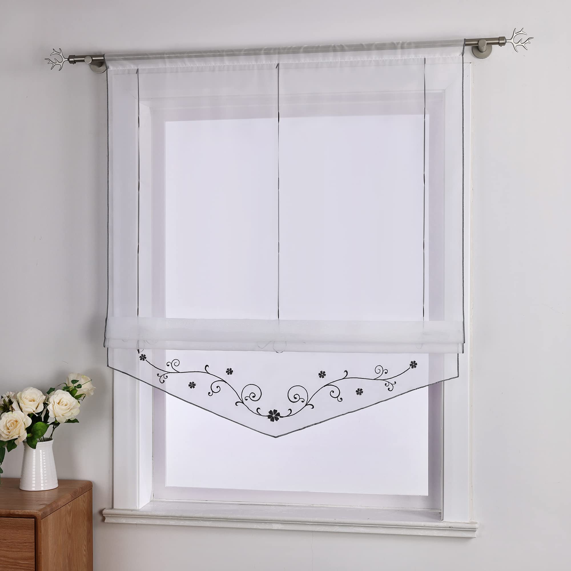 Yujiao Mao Voile Raffrollo Küche Gardine Mit Stickerei Bändchenrollo Mit Tunnelzug Transparent Raffgardine Weiß Grau BxH 120x140cm 1 Stück