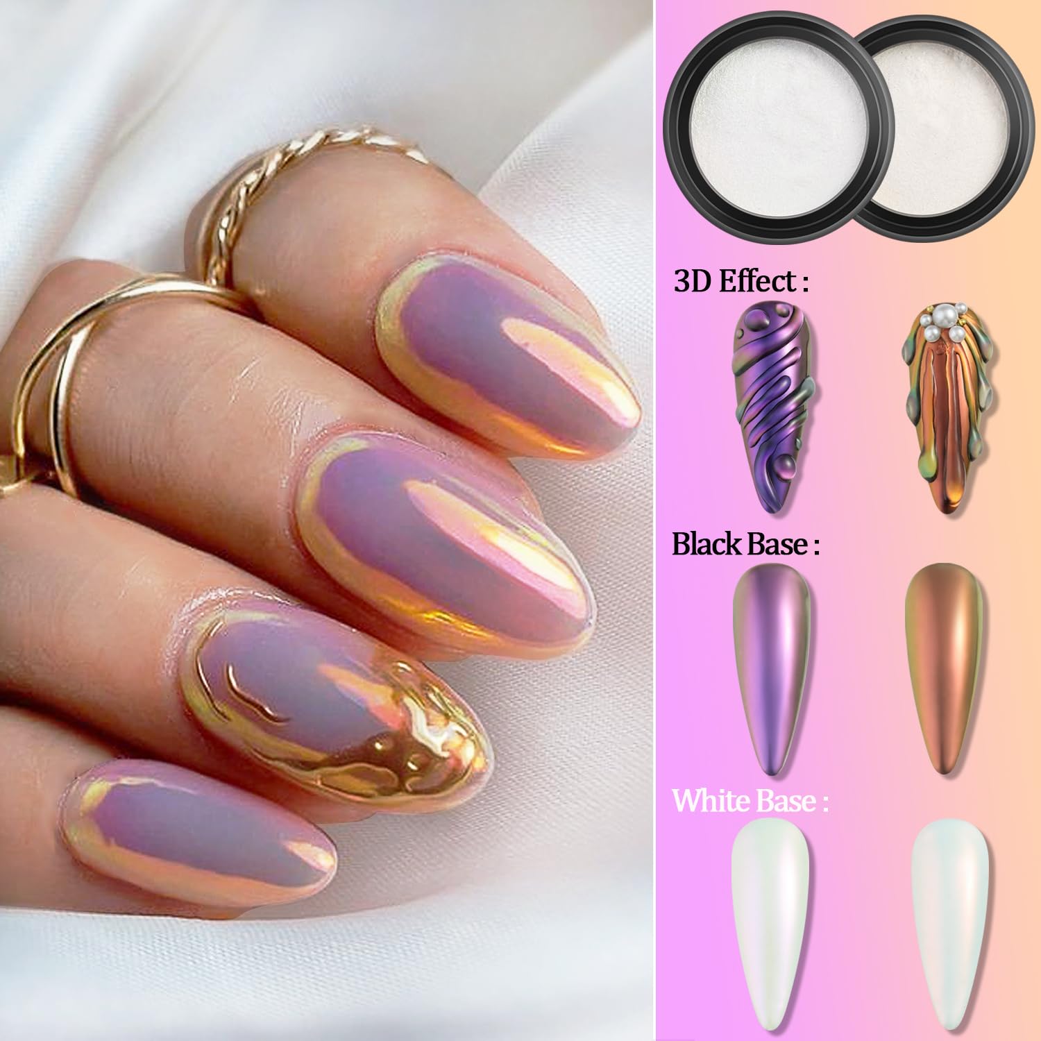 Fcozpjk Chrom-Nagelpulver-Set, 24 Farben, Spiegeleffekt, Gold, Silber, Chrom, Glitzerpulver, weiße Perle, Chrompulver, schillerndes Pigment für Nägel, Opalflocken, Blattgold für Nagelkunst-Dekoration