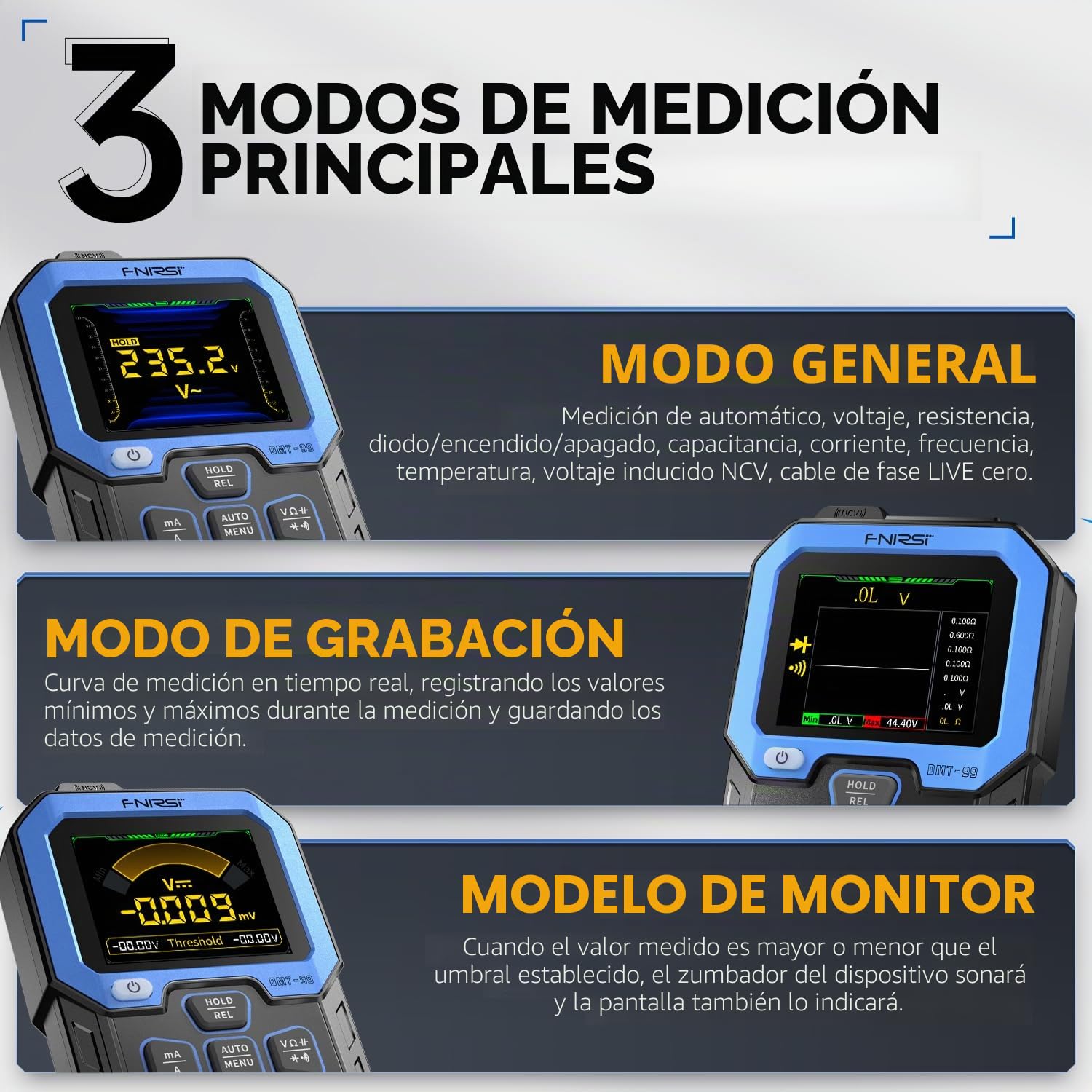Fnirsi DMT-99 Multímetro digital portátil 10000 cuentas Voltaje Corriente Resistencia Capacitancia Frecuencia Temperatura NCV Tester (Fnirsi DMT-99)