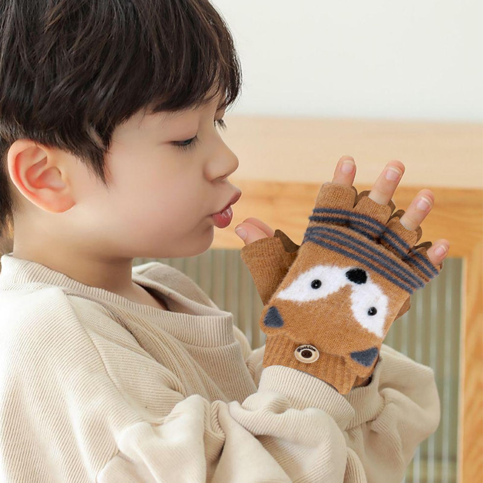 2 Pares Guantes para Niños sin Dedos, Guantes de Invierno para Niños, Cute Guantes Cálidos Convertibles con Tapa Abatible Suaves para Niñas y Niños de 3 a 9 Años