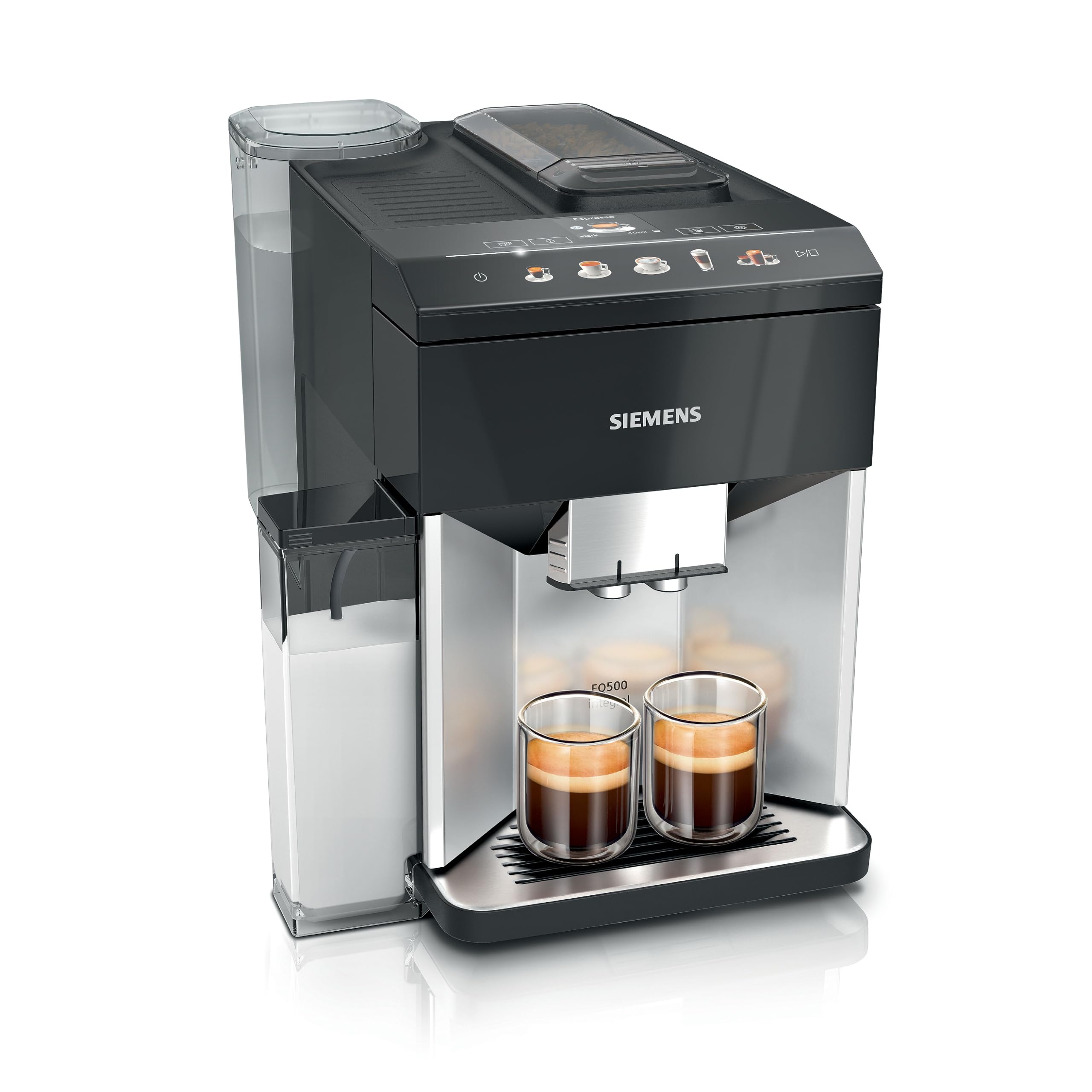Siemens Machine à café EQ500 intégrale TQ513D01, nombreuses spécialités de café, mousseur à lait, réservoir à lait intégré, nettoyage automatique à la vapeur, 1500 W, argenté/noir laqué ohne Home Connect Noir Laqué Piano / Argenté
