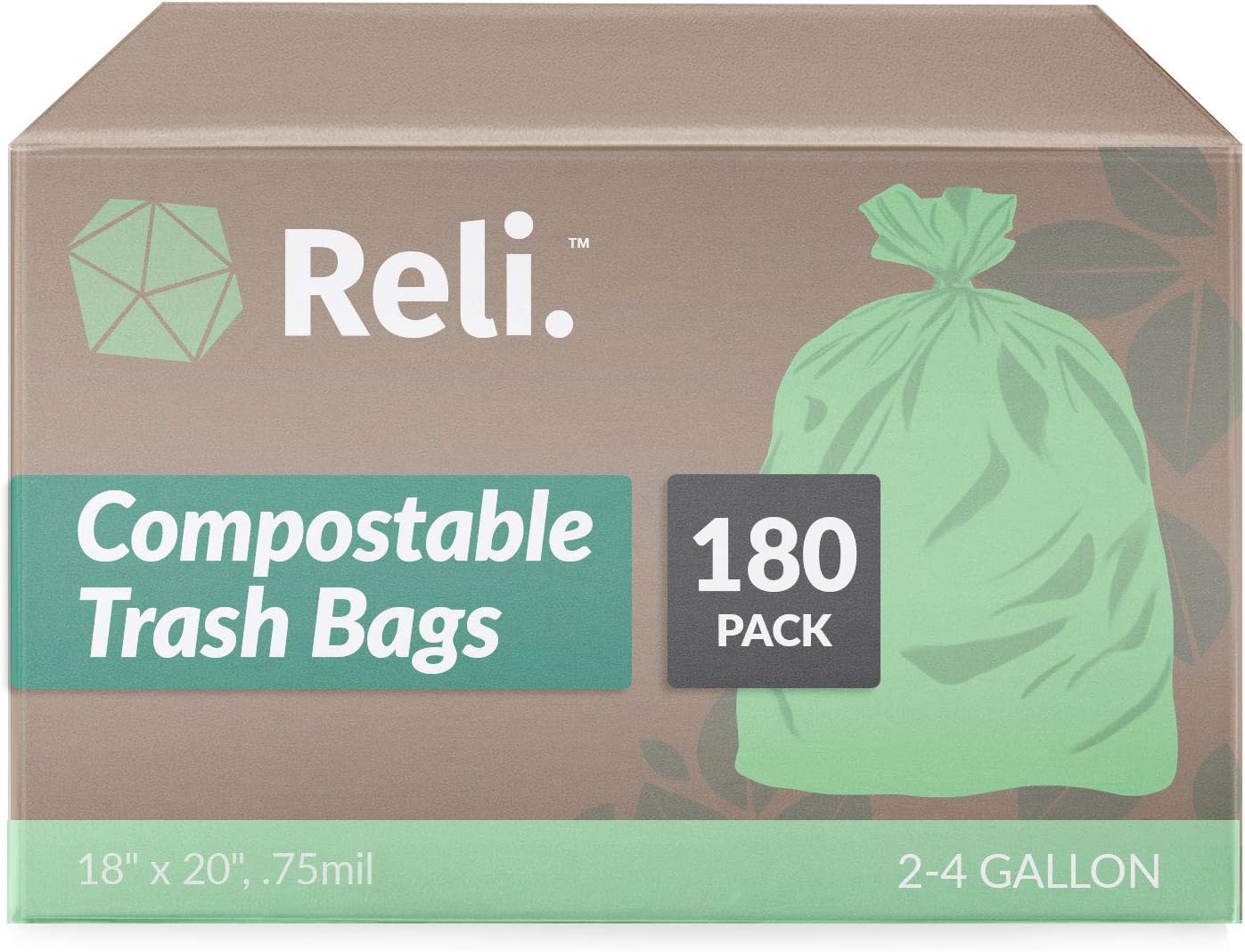 Reli. Compostable 4 Gallon Trash Bags | 180 Count | ASTM D6400 | Green | Eco-Friendly | For Compost