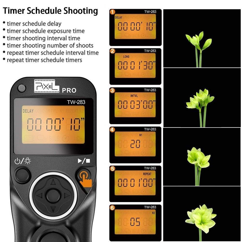 Pixel TW-283 DC0 Minuterie Caméra Télécommande sans Fil Déclencheur à Distance Intervallomètre pour Nikon Z8, Z9, D3, D4, D5, D6, D800, D850, D810, D810A, D700, D500, D300, F100, F5, D1X, D2H, D3X