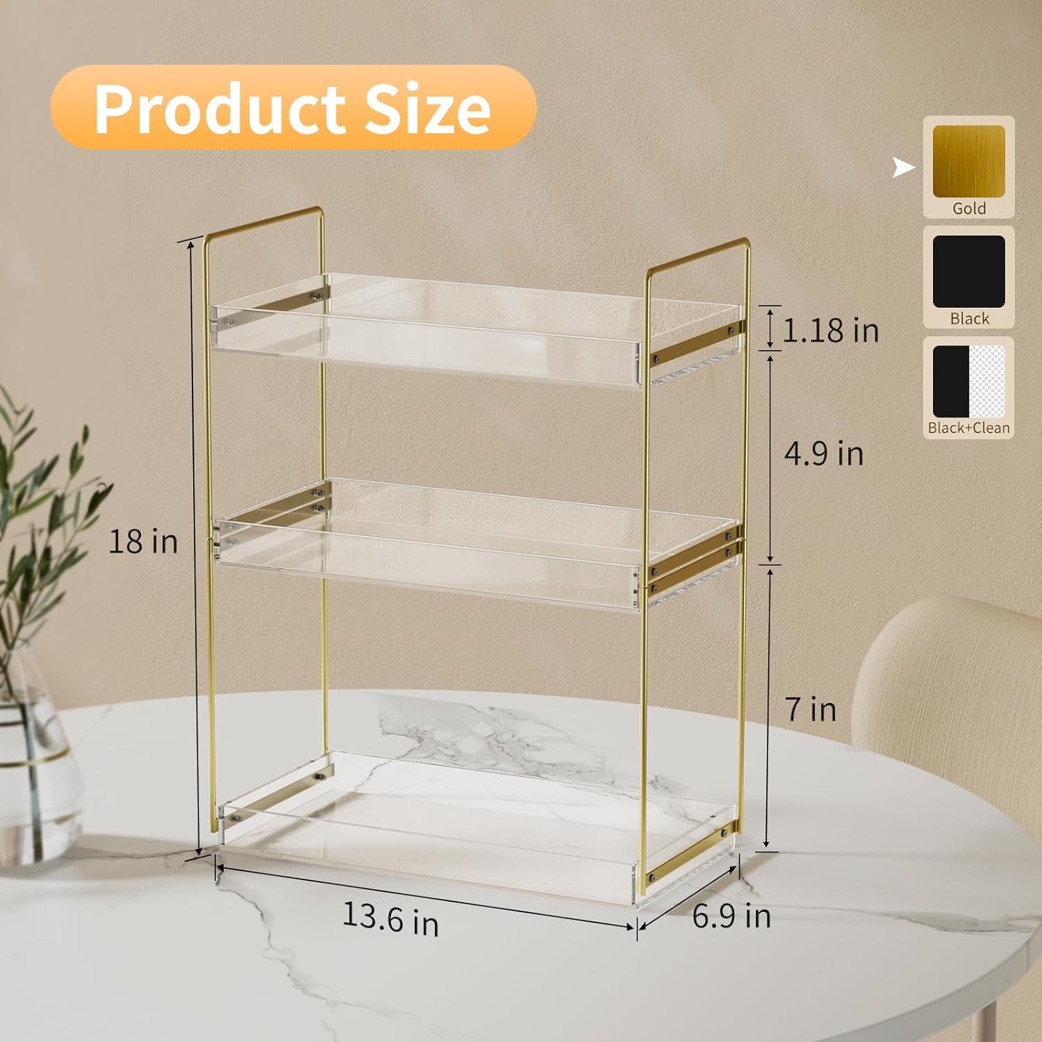 Bathroom Countertop Organizer, 3 Tier Acrylic Tray Vanity Counter Skincare Organizer Shelf, Kitchen Under Sink Standing Rack, Home Storage Holder for Lotion Makeup Cosmetics Perfume Spice, Gold | Vanity Counter, Kitchen Under Sink, Home Storage Holder, for Lotion, Makeup, Cosmetics - Image 2