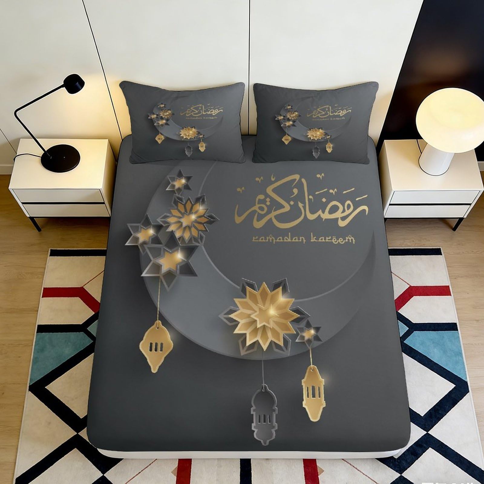 3D Printed Moon Star Fitted Sheet Microfiber Non-Slip Deep Pocket Celestial Mattress Fitted Cover Bedroom Gift 160x200x25cm