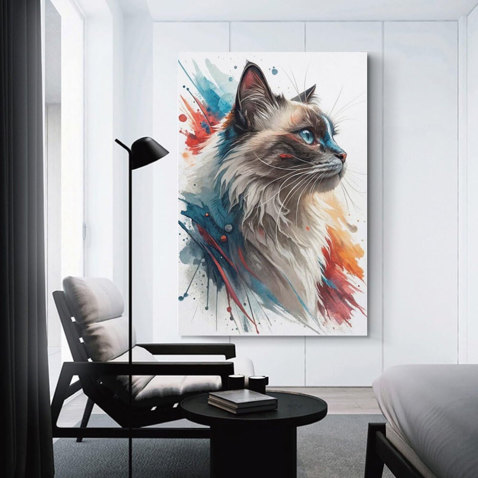 Junmoney Watercolor Cat Portrait with Blue Eyes Canvas Wall Decor, 20x30inch(50x75cm), for Apartment Walls, Studios Or Work Areas, Decorative Canvas Decor for Home Updates