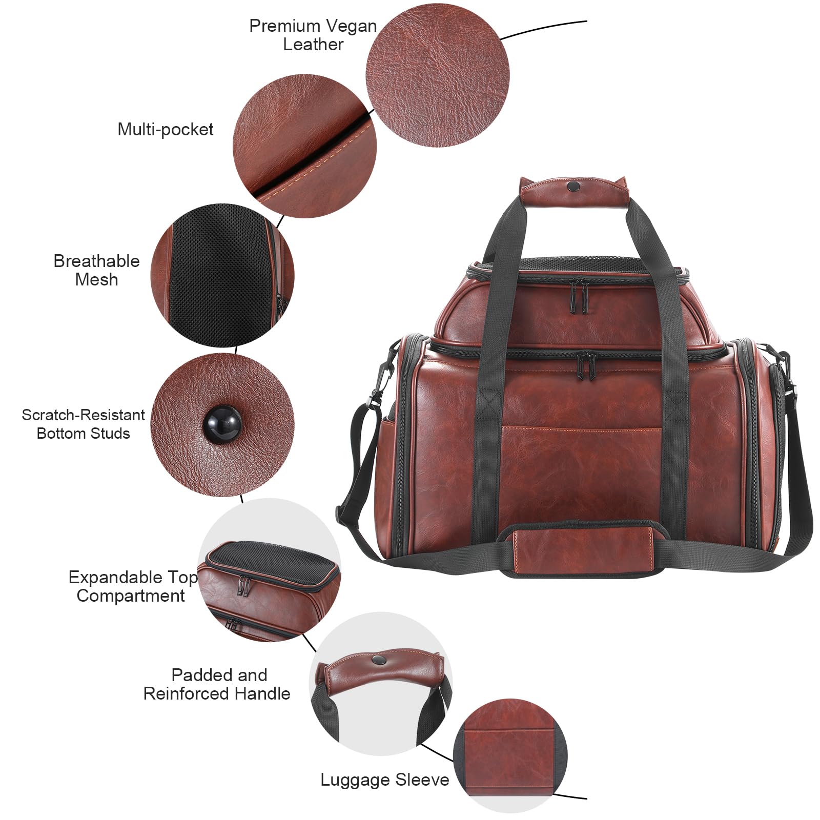 Premium Leather Top Expandable Pet Carrier for Small Dogs & Cats Under 15 lbs, Airline Approved Collapsible Soft-Sided Luxury Travel Bag Coffee - image 4