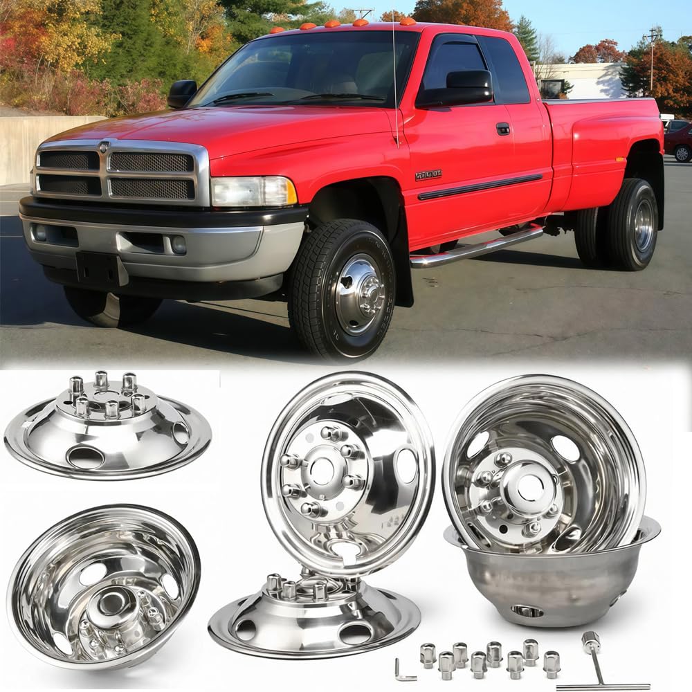 4pc 16" Wheel Simulators Compatible with 74-00 Chevy GMC 3500,74-98 F350,08-21 E350/E450 Van,74-99 Ram 3500, 8 Lug Polished Stainless Steel Dually Screw-On Cover Removable Centre Cap Hubcaps