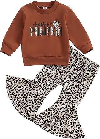 Toddler Baby Girl Halloween Clothes Set Long Sleeve Letter Sweatshirt Tops Pumpkin Bell Bottom Pants Set Fall Outfits