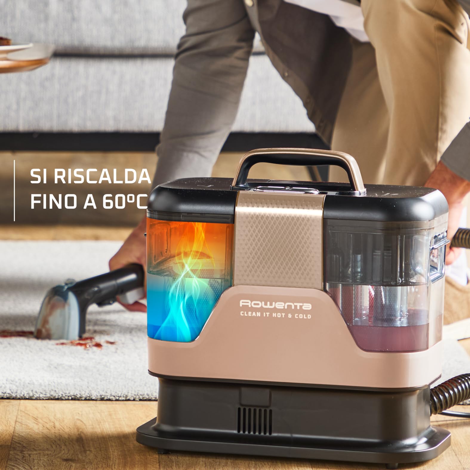 Rowenta Clean It Hot & Cold, Smacchiatore 3 in 1 con Tecnologia PowerHeat, per Pulizia a Caldo e Freddo di Tappeti, Divani e Auto, Colore Copper Tinto, 1150W, IN7021