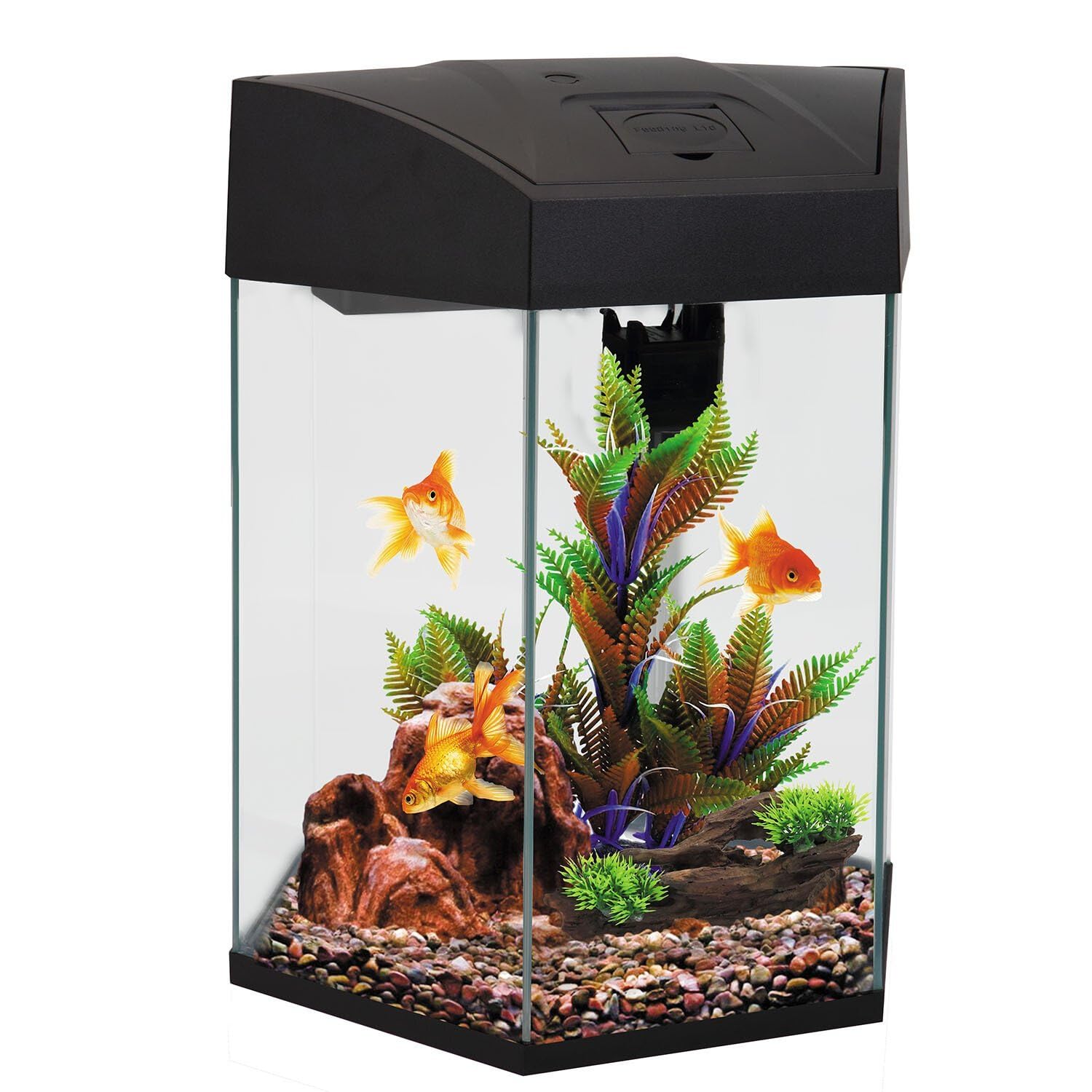 wilko Hexagonal Aquarium, RGB LED Lighting, Touch Control, Black, 41 x 32.8 x 28.5cm, Top Filtration System, for Fish