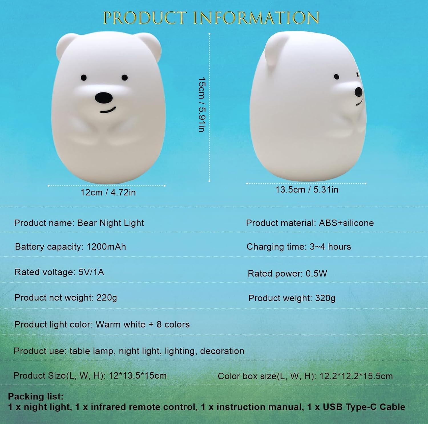 Large Size Bear Night Lights for Kids, Decorative Led Soft NightLight, 9 Color Modes Animal Decor Lamp for Girls, Cute Small Lamps for Bedrooms, Room Desk Decor Holiday Gift - Large