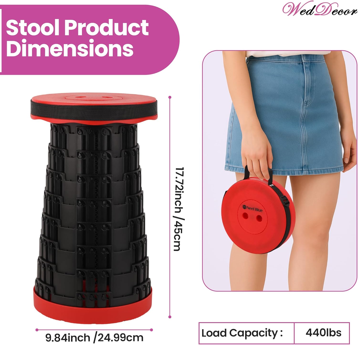 WedDecor Collapsible Telescopic Folding Stool, Heavy-Duty Portable Seat with Max Load 440lb, Adjustable, Lightweight Pop-Up Travel Stool for Camping, Hiking, Garden, BBQ & Home Use – Red
