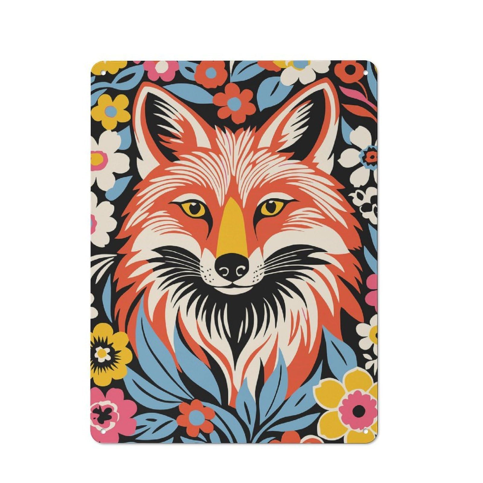 Junmoney Style-16 Metal Sign 40X30cm With Fox In Flowers For Pub Or Café, Vintage Decor, For Metal Sign Collectors, For Garage And Workshop Walls
