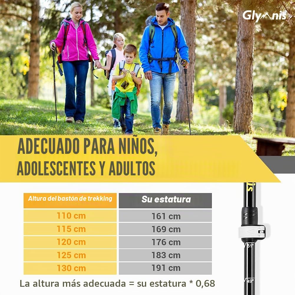 Glymnis Bastones de trekking 7075 de aluminio ajustables de 110 a 130 cm y cierre de pinza con 4 pares de topes de goma para trekking