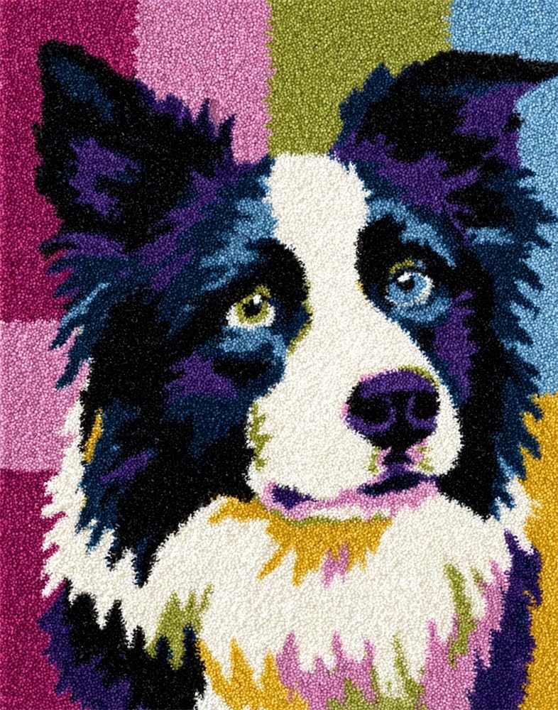 FWRTYCB Latch Hook Kit for Adults and Beginners -Border Collie DIY Tapestry Rug Making with Printed Patterns,20X15Inch Canvas Yarn for Home Décor