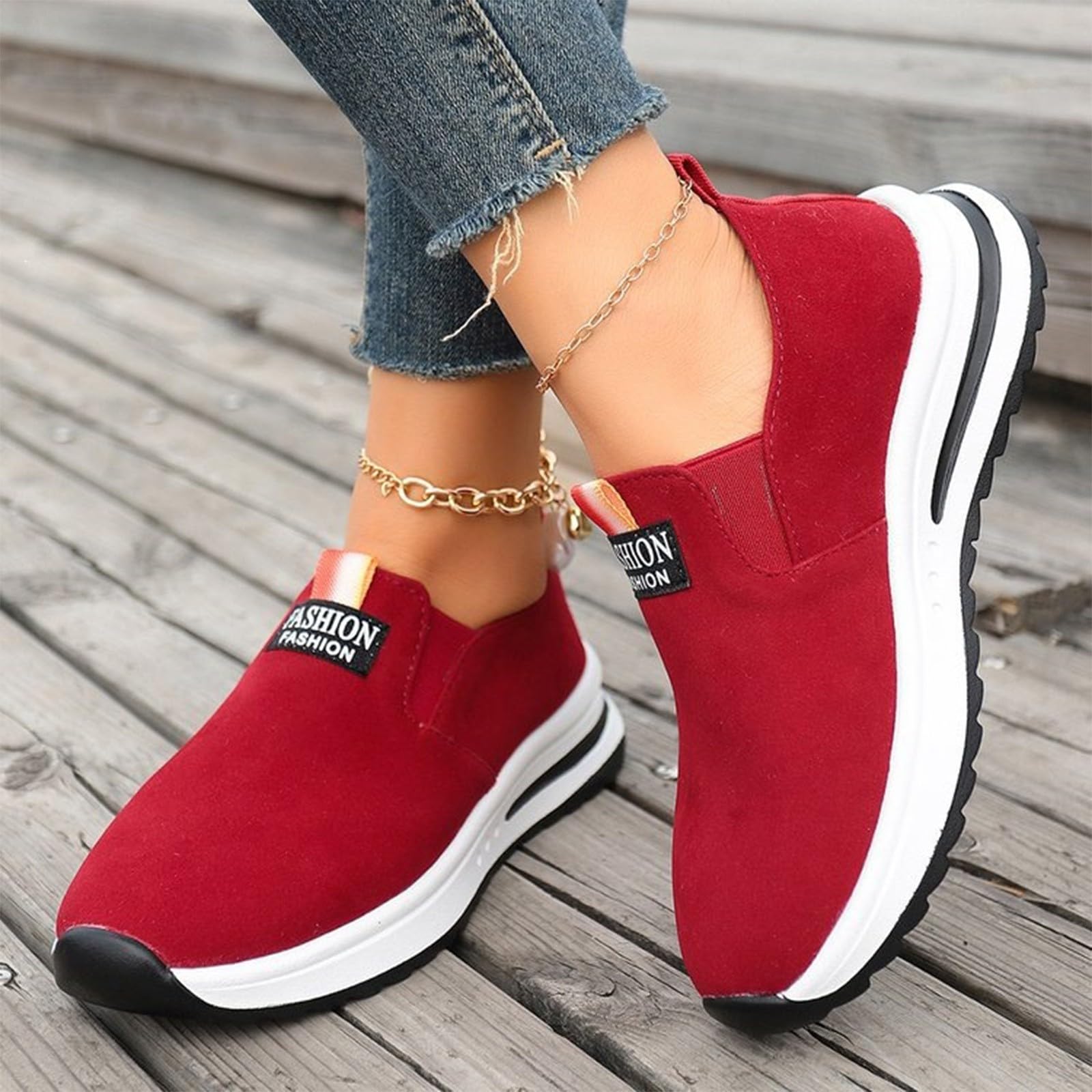 Zapatos deportivos de plataforma retro con textura de gamuza para mujer, mocasines gruesos y planos casuales con lengüeta de tracción para viajes, viajes y conducción