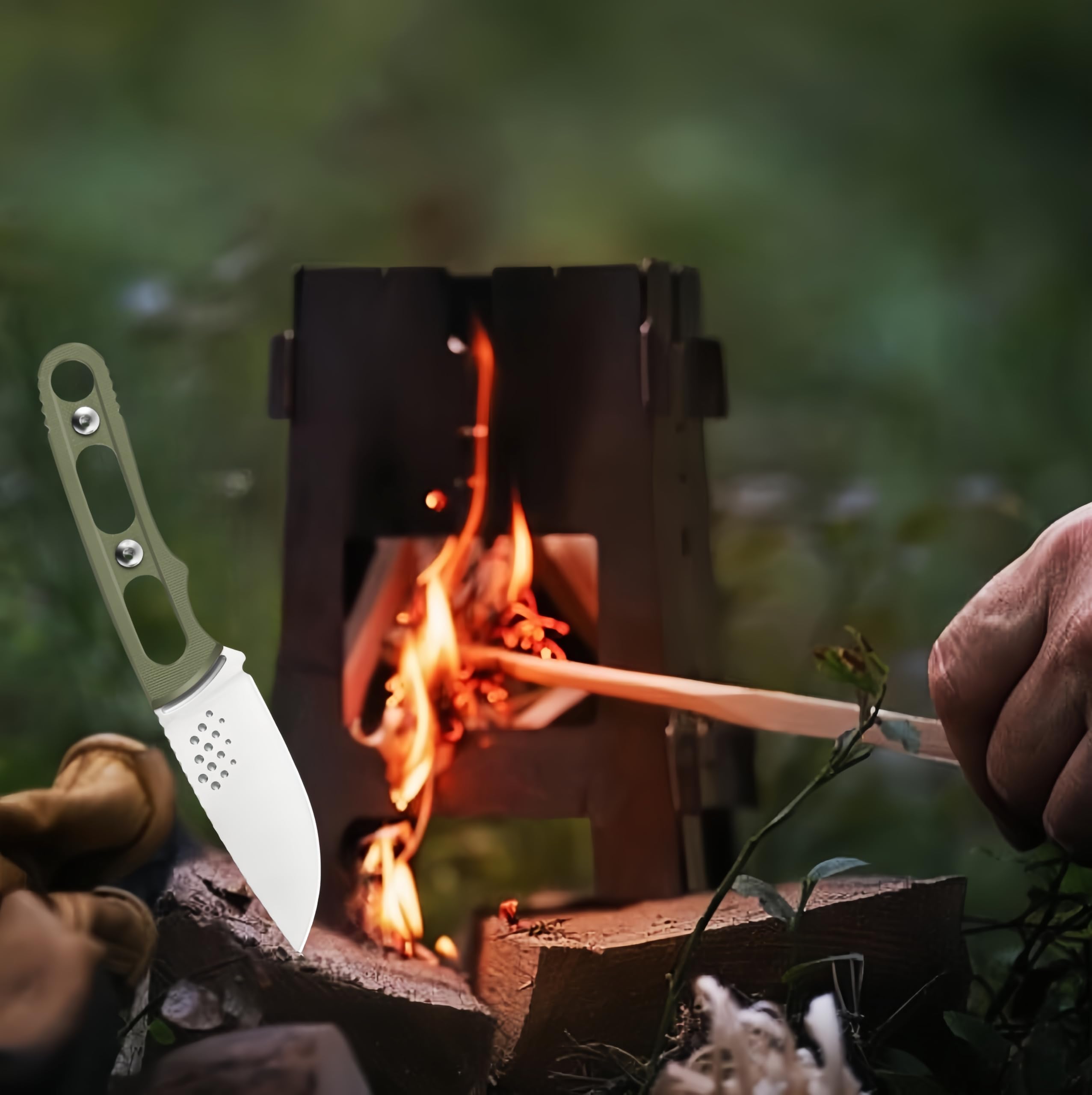 Coltello a lama fissa compatto leggero con fodero in pelle di vacchetta - Ideale per scuoiare, campeggio, attività all'aperto - Coltello a lama fissa EDC Bushcraft (Arancione)
