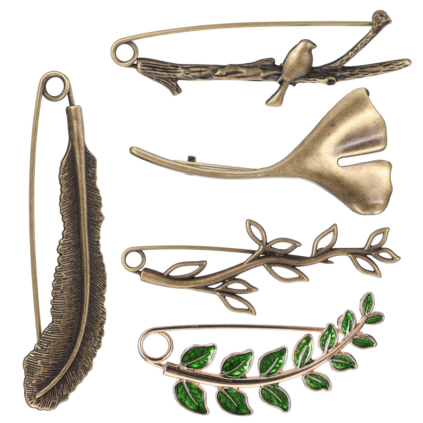 5Pcs Vintage Large Decorative Safety Pins, 5 Styles Vintage Shawls Pins, Retro Tree Leaf Brooches, Fashion Sweater Lapel Pins for Dressing Up Shawls Wraps Skirts Scarf Blankets Hats Capes