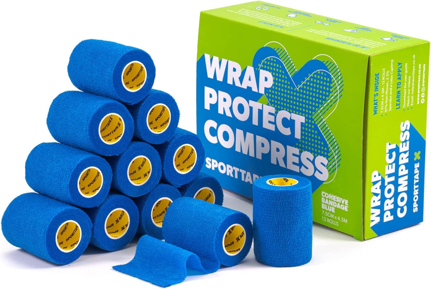 12 Rolls SPORTTAPE Cohesive Bandage Self Adherent Vet Wrap 7.5CM x 4.5M Blue Football