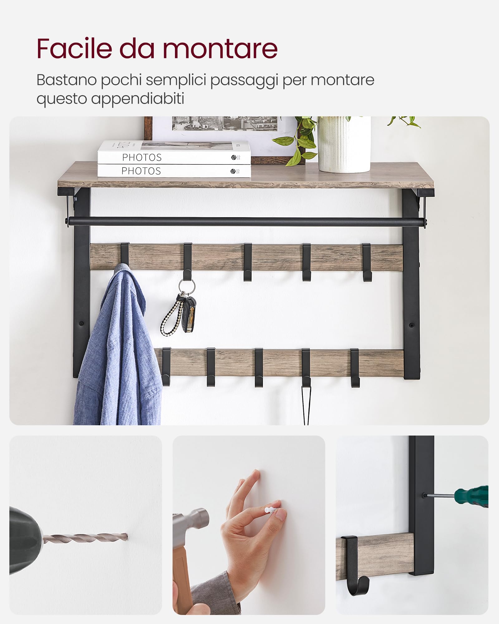 VASAGLE Appendiabiti da Parete, Mensola da Muro con 10 Ganci Rimovibili a 2 File, Barra Attaccapanni, per Ingresso Camera da Letto Bagno, Greige e Nero LCR101B02