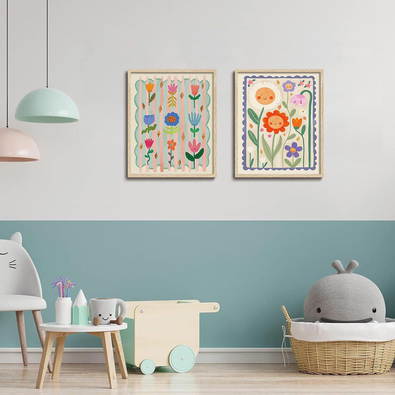 KISSFOX OAK Wood Framed Wall Art Flowers Wall Decor Whimsical Canvas Art Floral Pictures Cute Paintings Colorful Artwork Boho Prints For Nursery Kids Children Playroom Boys Girls