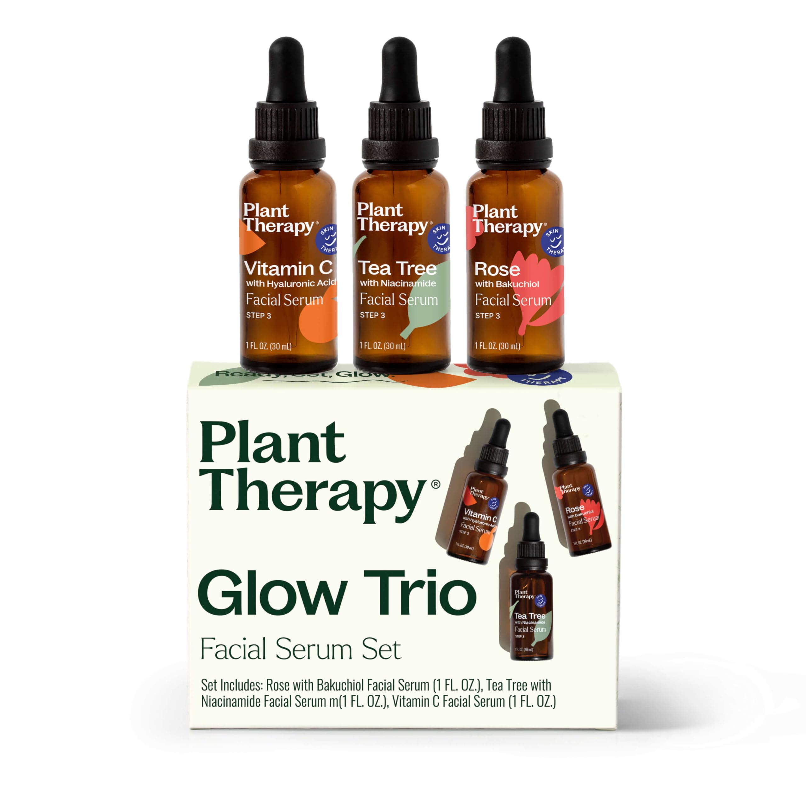 Plant Therapy Facial Serum Trio Set 1 oz each, Vitamin C & Hyaluronic Acid, Rose with Bakuchiol & Tea Tree with Niacinamide, Reduces the Appearance of