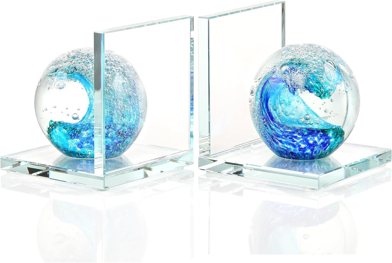 Book Ends for Shelves, Glass Bookends with Deep Ocean Blue Crystal Hand Blown Sea Wave Ball, Non Skid Sturdy Glass Decorative Bookends for Ocean Lovers, Heavy Books, Office, Set of 2