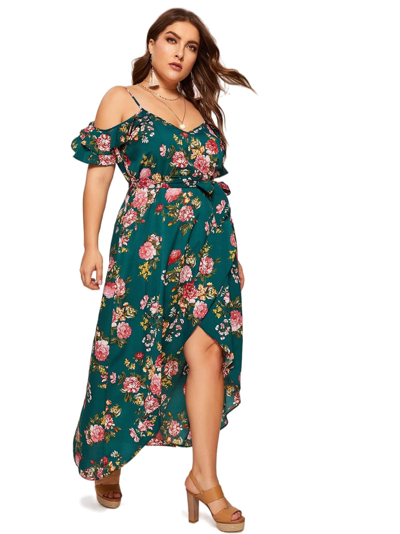 Milumia Women Plus Size High Waist Boho Floral Cold Shoulder Split Maxi Dress, A Green Floral, XX-Large Plus