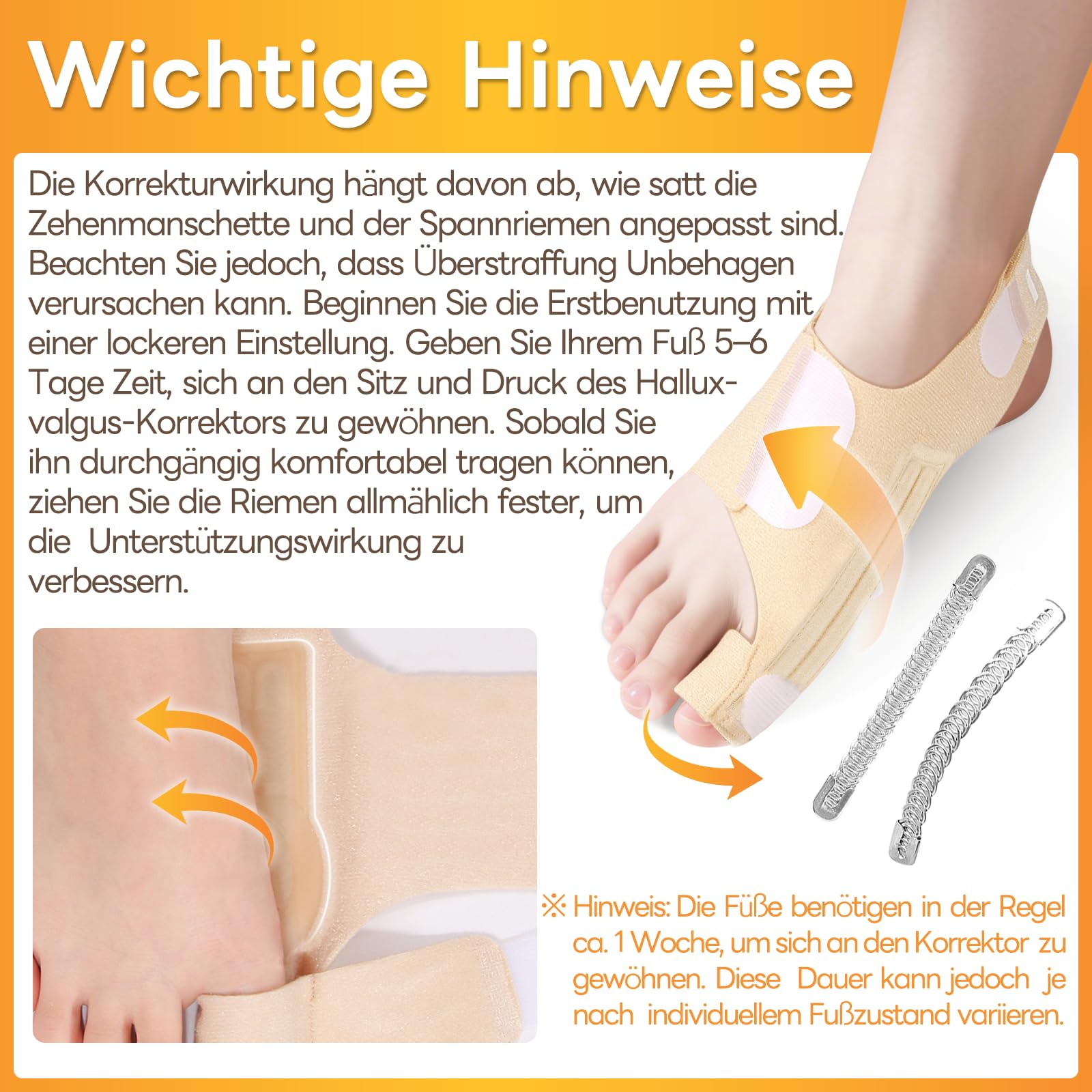 InhwRior Hallux-valgus-Korrektor mit 4 flexiblen rostfreien Stahlstreifen (je 2 pro Seite), ​​Silikonschutzkissen zur Polsterung, ​​schmerzfreie Verbesserung des Fußzustands, ​waschbar
