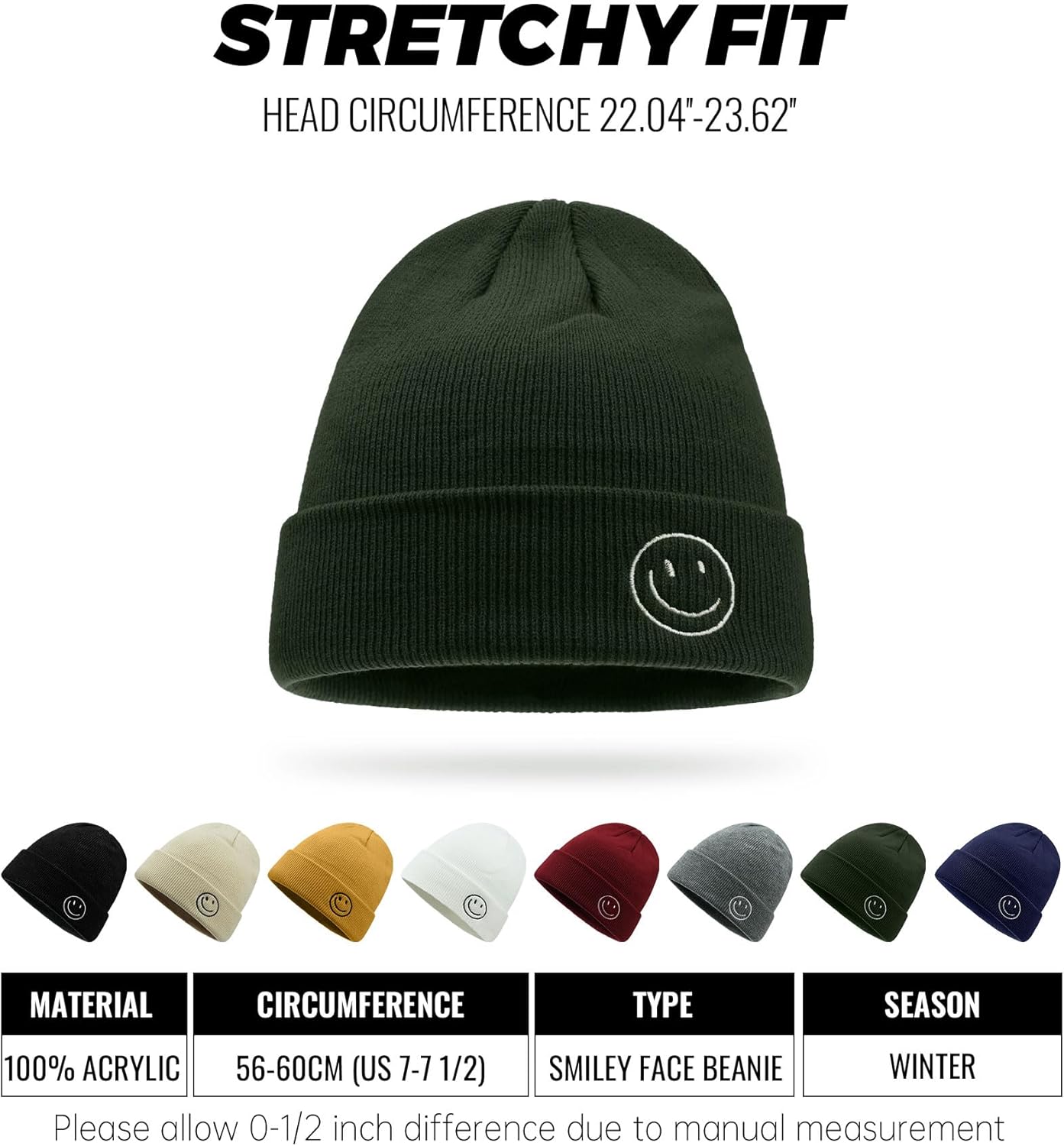 CLAPE Beanie Hat for Men, Cute Embroidery Smiley Face Winter Hat Women Outdoor Ski Snowboarding Knit Cuffed Fisherman Beanie - Image 3