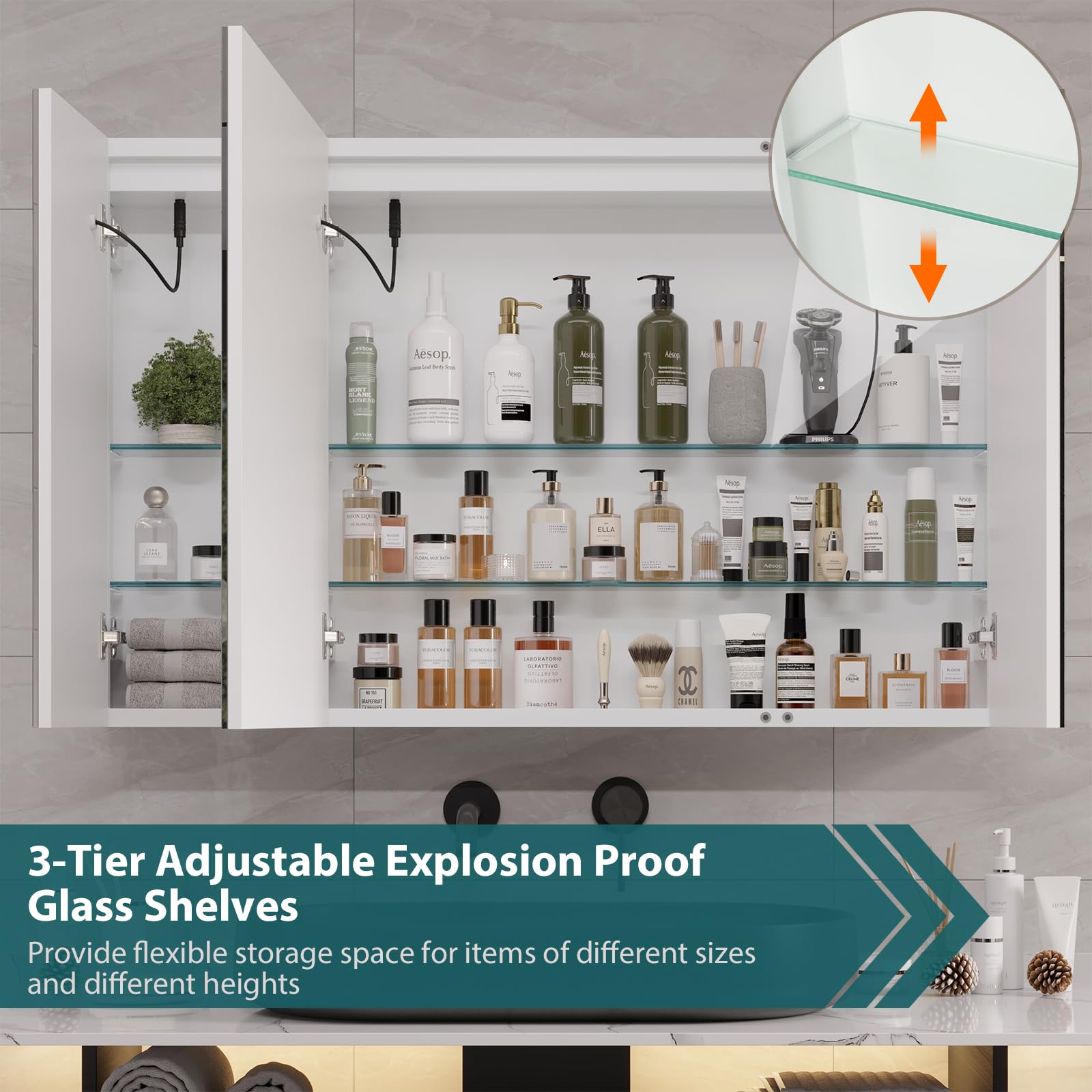 DICTAC Armoire Toilette Miroir avec éclairage LED et Prise 100x60x13.5cm Métal Armoire de Toilette avec Miroir,Armoire Miroir Salle de Bain avec étagère Réglable,3 Couleur Lumiere